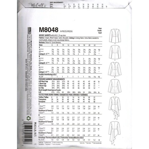 McCall's M8048 Misses 6 to 14 Peplum, Asymmetrical Jackets Uncut Sewing Pattern - Picture 2 of 2